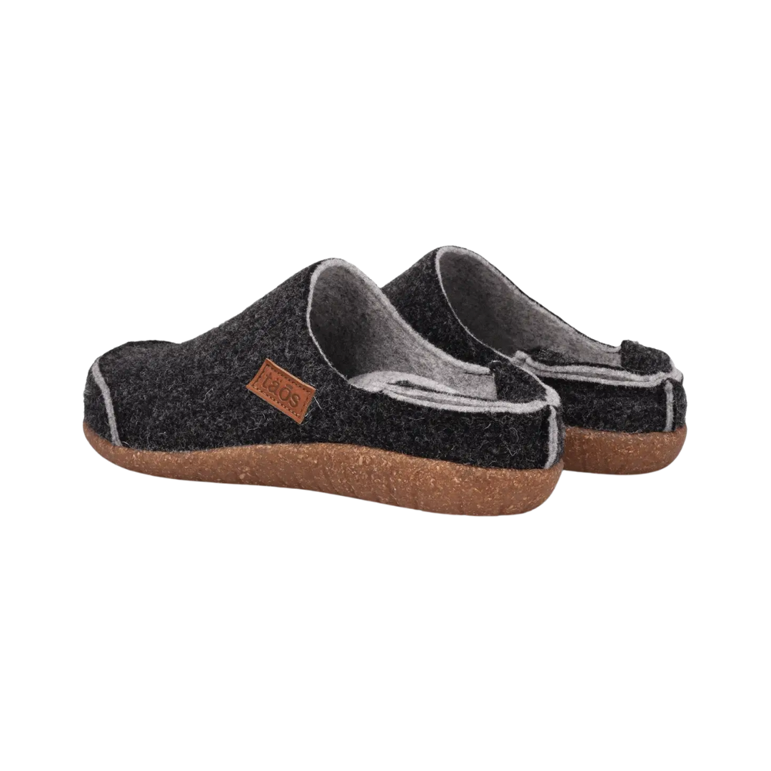 Heel view of the Men’s Taos Convertawool in Charcoal, featuring the convertible heel counter that folds down to transform the shoe from a clog to a convenient slide.