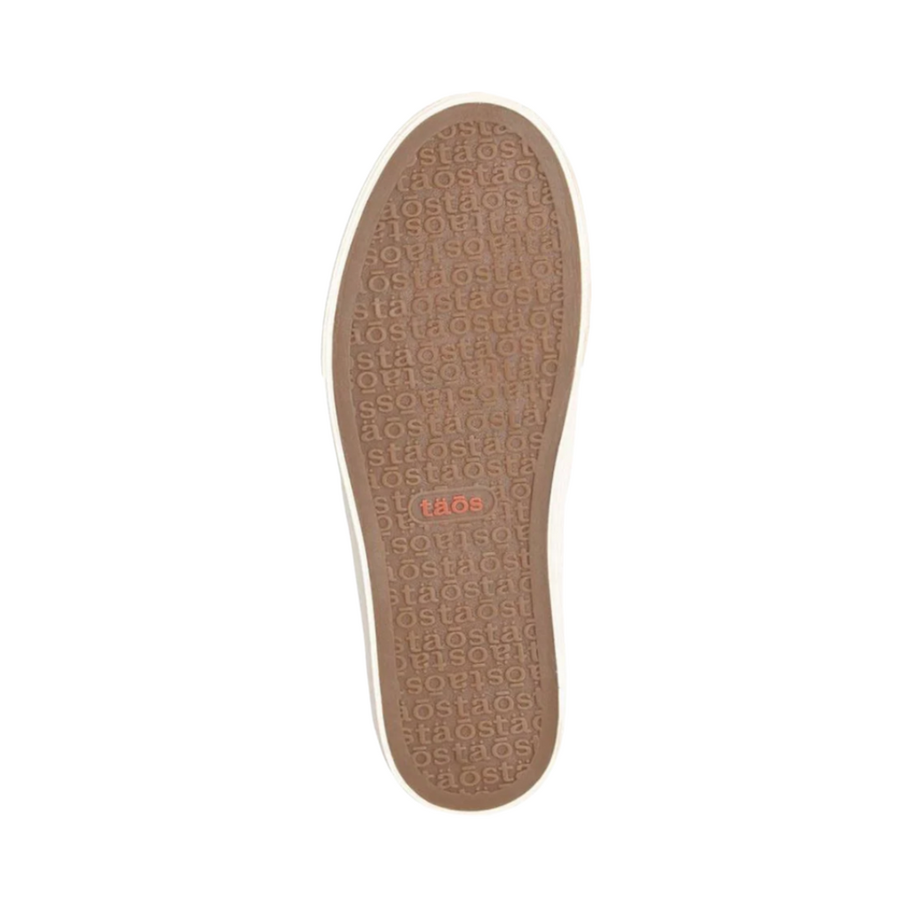 Bottom view of the Women’s Taos Rubber Soul in Blue Plaid, showing the lightweight rubber outsole designed for flexible traction and stability on multiple surfaces.
