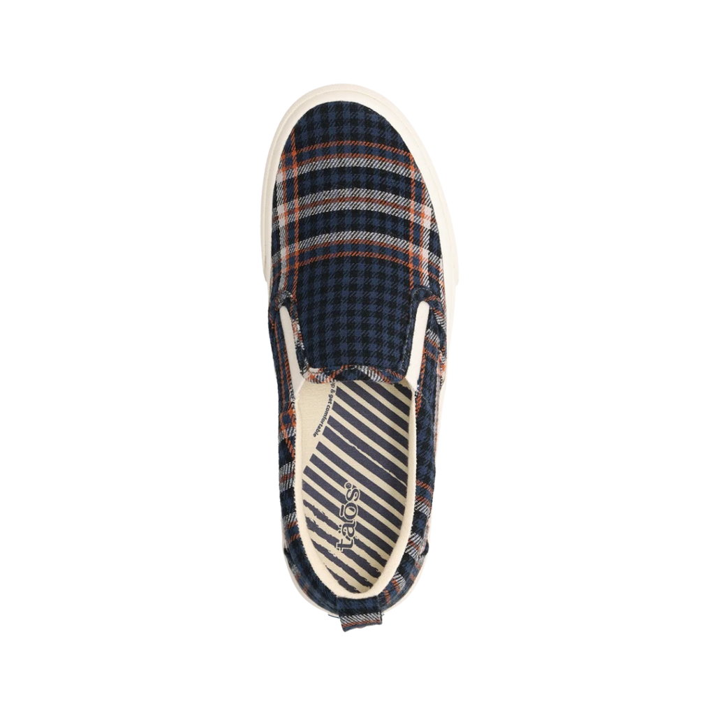 Top view of the Women’s Taos Rubber Soul in Blue Plaid, displaying the easy slip-on opening, soft interior lining, and removable Curves & Pods® supportive footbed.
