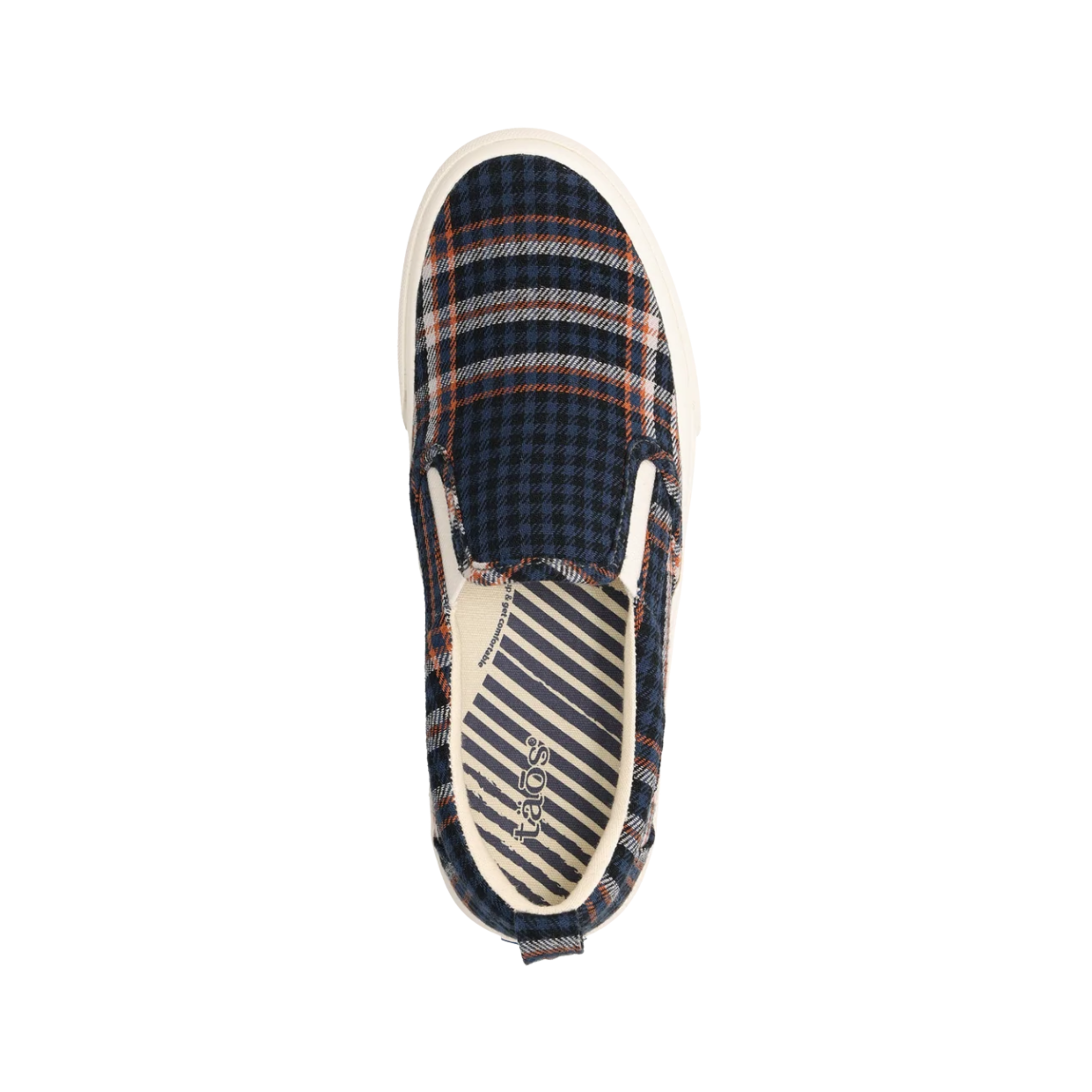 Top view of the Women’s Taos Rubber Soul in Blue Plaid, displaying the easy slip-on opening, soft interior lining, and removable Curves & Pods® supportive footbed.