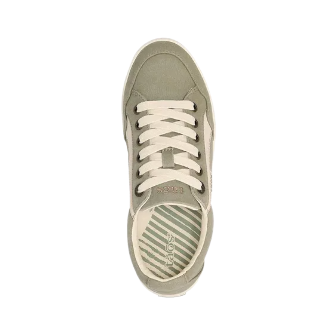 Top view of the Women’s Taos Shooting Star in Sage/Beige, displaying the lace-up closure, breathable interior lining, and removable Curves & Pods® supportive footbed.