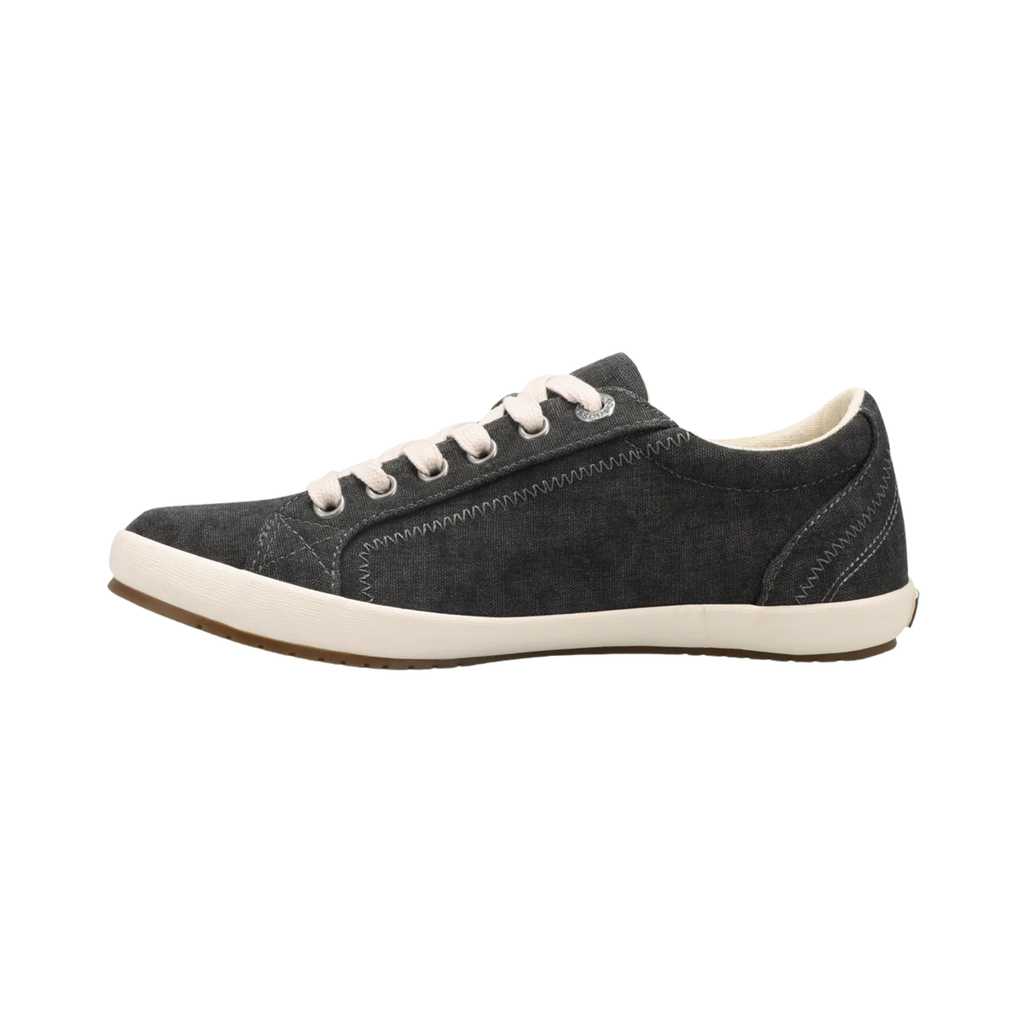 Side view of the Women’s Taos Star in Charcoal Washed Canvas, showcasing the vintage-inspired washed canvas upper, lace-up design, and Curves & Pods® removable footbed for arch and metatarsal support.