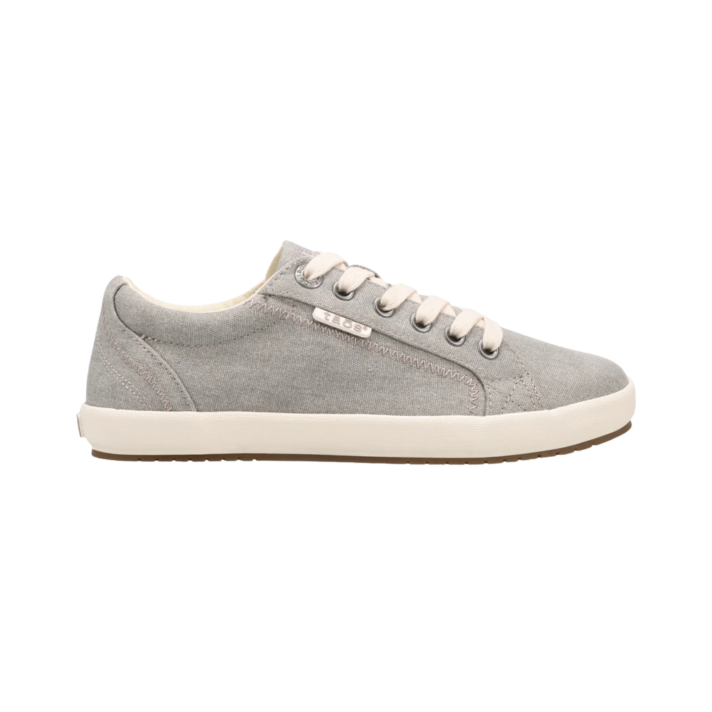Side view of the Women’s Taos Star in Grey Washed Canvas, showcasing the vintage-inspired washed canvas upper, lace-up design, and Curves & Pods® removable footbed for arch and metatarsal support.