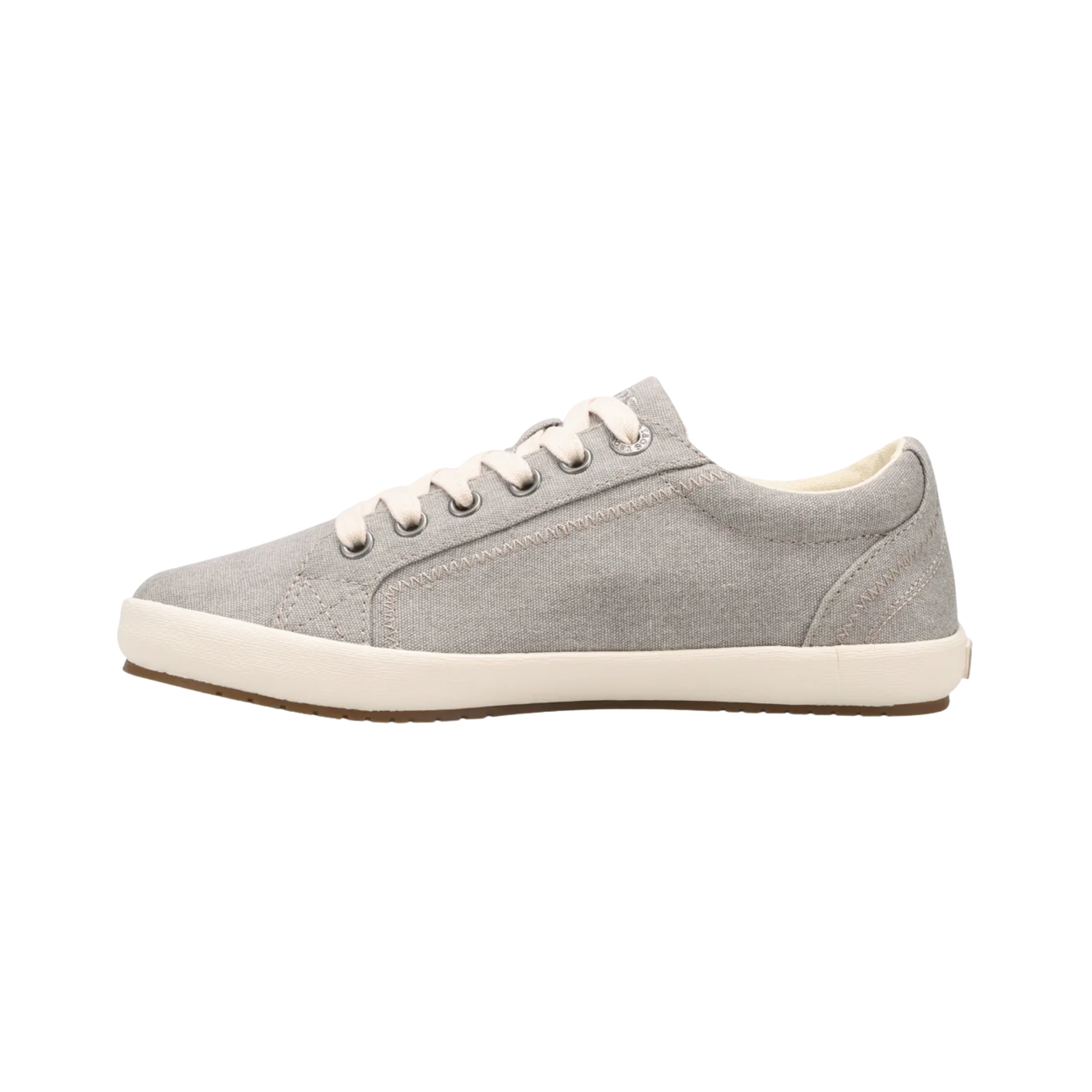 Side view of the Women’s Taos Star in Grey Washed Canvas, showcasing the vintage-inspired washed canvas upper, lace-up design, and Curves & Pods® removable footbed for arch and metatarsal support.