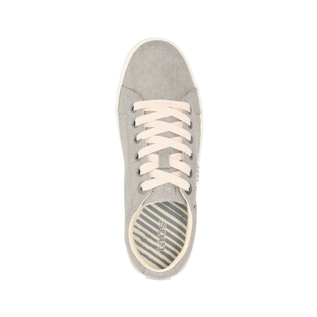 Top view of the Women’s Taos Star in Grey Washed Canvas, displaying the lace adjustment, orthotic-friendly removable insole, and cushioned interior.