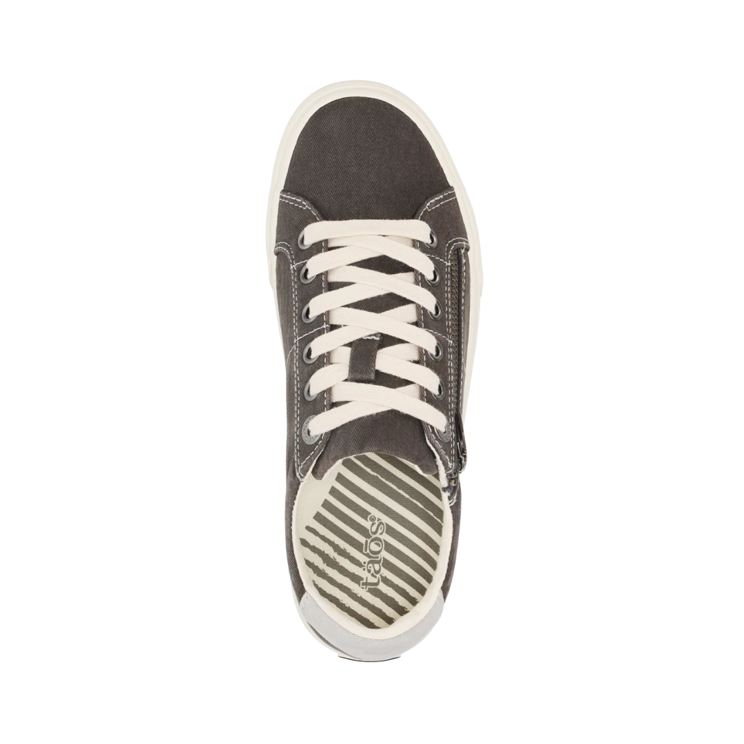 Top view of the Women’s Taos Z Soul in Graphite/Light Grey Distressed, showing the lace adjustment, side zipper, and cushioned interior for all-day wear.