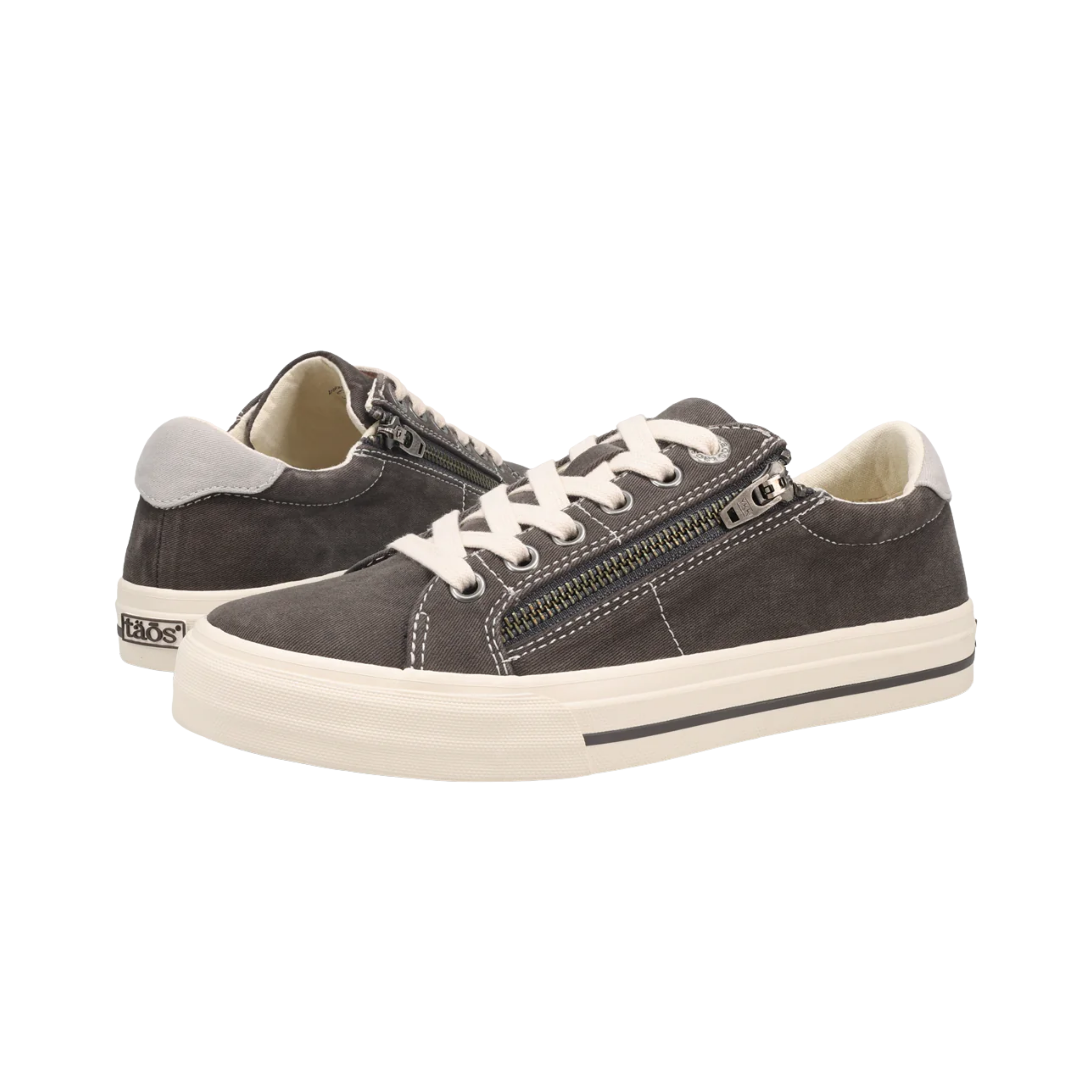 Side view of the Women’s Taos Z Soul in Graphite/Light Grey Distressed, highlighting the distressed canvas upper, side zipper, and Curves & Pods® removable footbed for arch support and comfort.