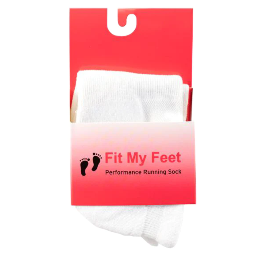 Fit My Feet Performance No-Show Socks in White featuring moisture-wicking fabric, 200-needle construction, elastic closure, seamless toe design, no-slip heel tab, and Y-heel construction for a secure, breathable fit during running, workouts, and everyday wear.