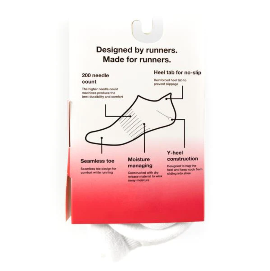 Fit My Feet Performance No-Show Socks in White featuring moisture-wicking fabric, 200-needle construction, elastic closure, seamless toe design, no-slip heel tab, and Y-heel construction for a secure, breathable fit during running, workouts, and everyday wear.