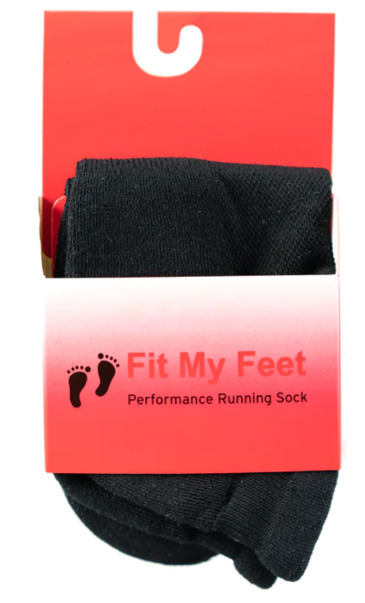 Fit My Feet Performance No-Show Socks in Black featuring moisture-wicking fabric, 200-needle construction, elastic closure, seamless toe design, no-slip heel tab, and Y-heel construction for a secure, breathable fit during running, workouts, and everyday wear.