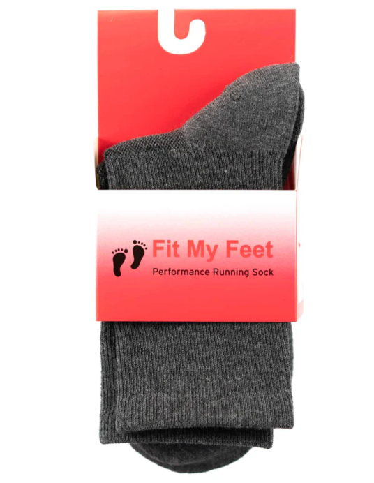 Fit My Feet Performance Crew Socks in Grey featuring moisture-wicking fabric, cushioned support, elastic construction, and a crew-length design that provides a secure, comfortable fit for running, walking, workouts, and everyday wear.