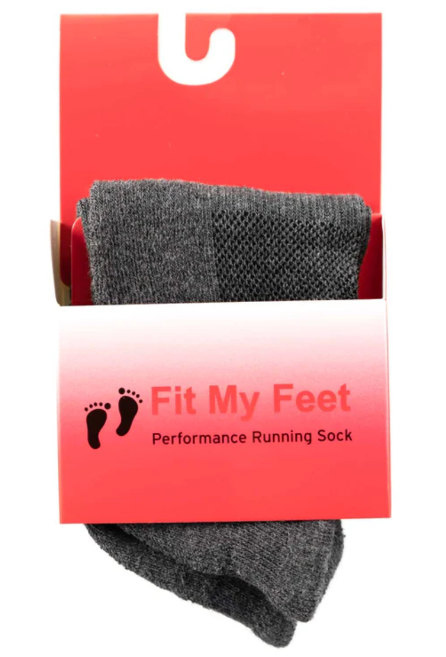 Fit My Feet Performance No-Show Socks in Grey featuring moisture-wicking fabric, 200-needle construction, elastic closure, seamless toe design, no-slip heel tab, and Y-heel construction for a secure, breathable fit during running, workouts, and everyday wear.