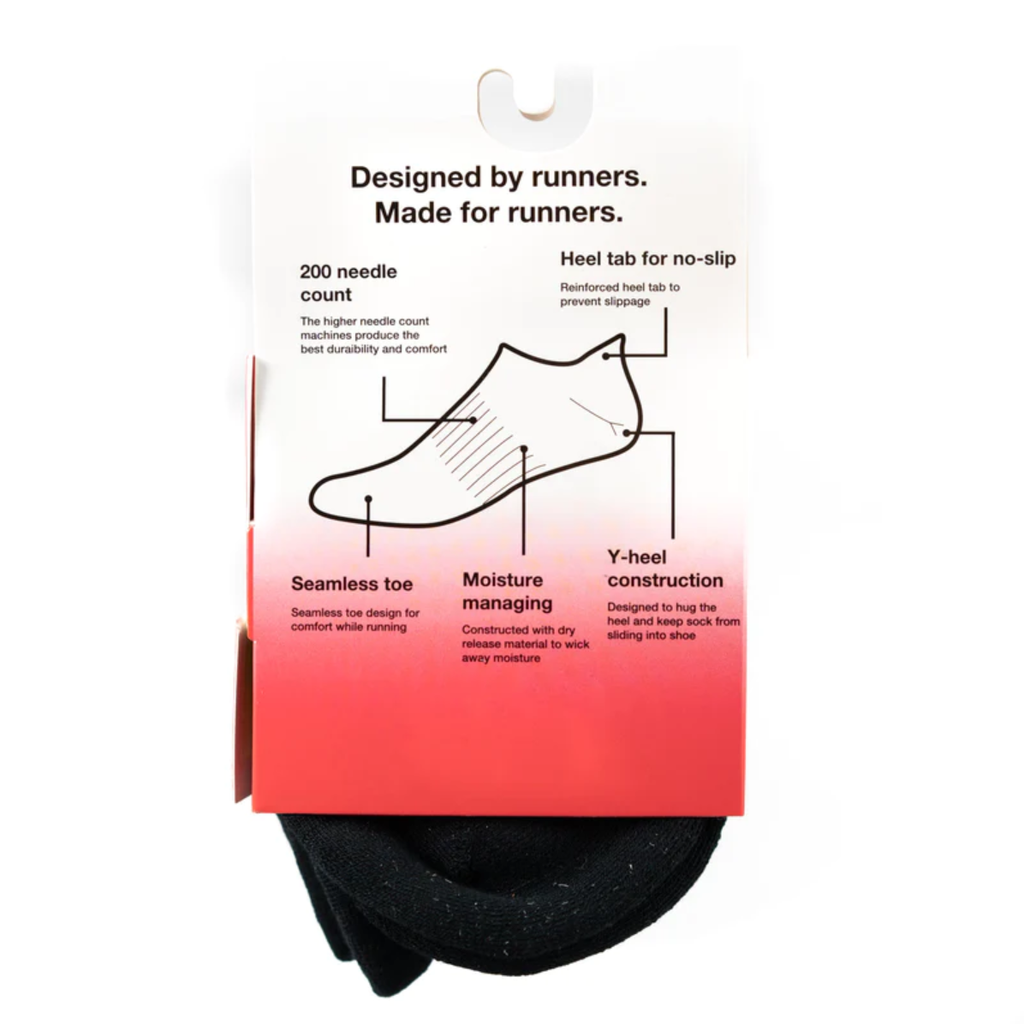 Fit My Feet Performance No-Show Socks in Black featuring moisture-wicking fabric, 200-needle construction, elastic closure, seamless toe design, no-slip heel tab, and Y-heel construction for a secure, breathable fit during running, workouts, and everyday wear.