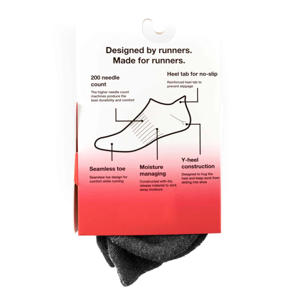 Fit My Feet Performance No-Show Socks in Grey featuring moisture-wicking fabric, 200-needle construction, elastic closure, seamless toe design, no-slip heel tab, and Y-heel construction for a secure, breathable fit during running, workouts, and everyday wear.