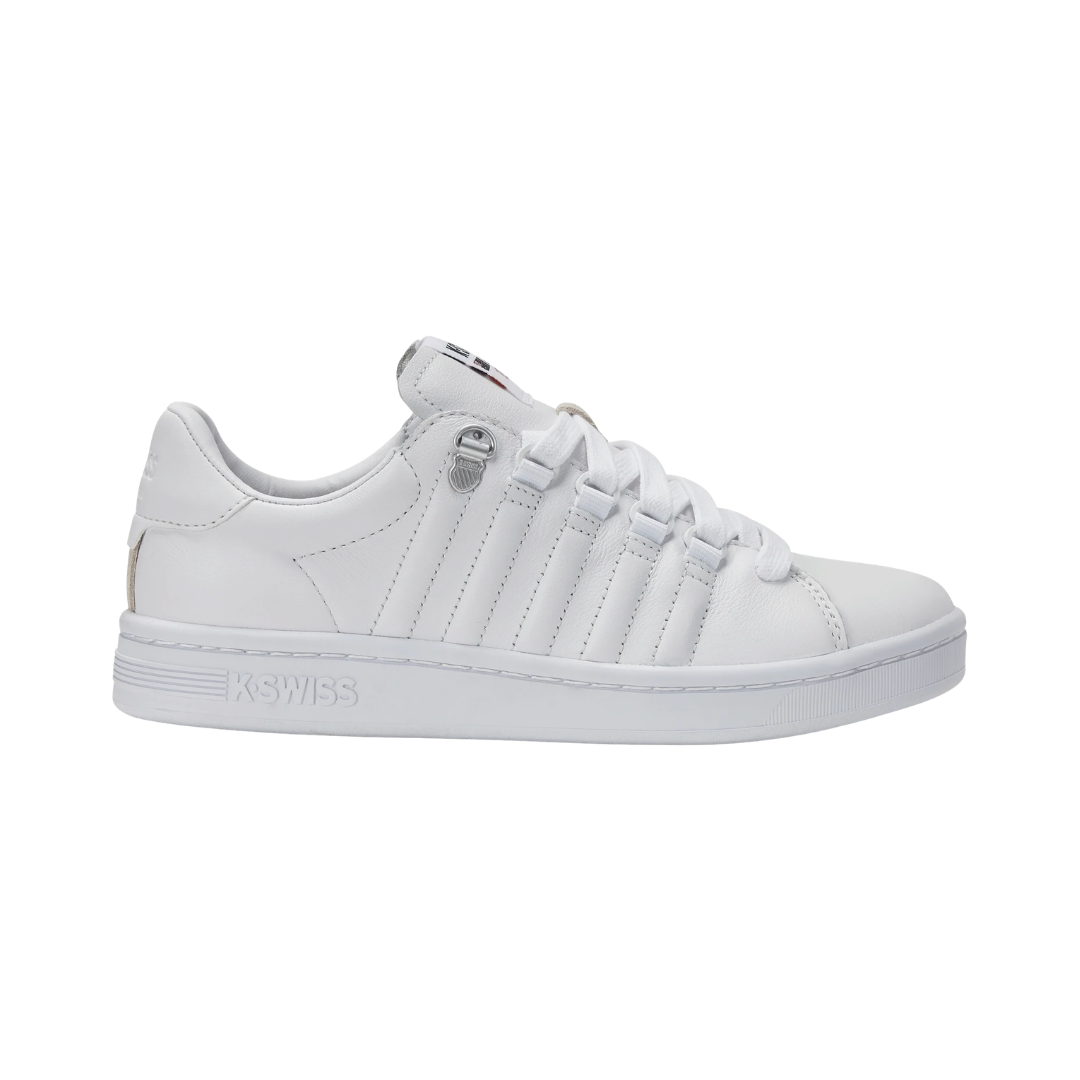 K-Swiss Men's Lozan II casual sneaker in White featuring a premium leather upper, iconic five-stripe branding, cushioned insole, padded collar and tongue, and durable rubber outsole for everyday wear.