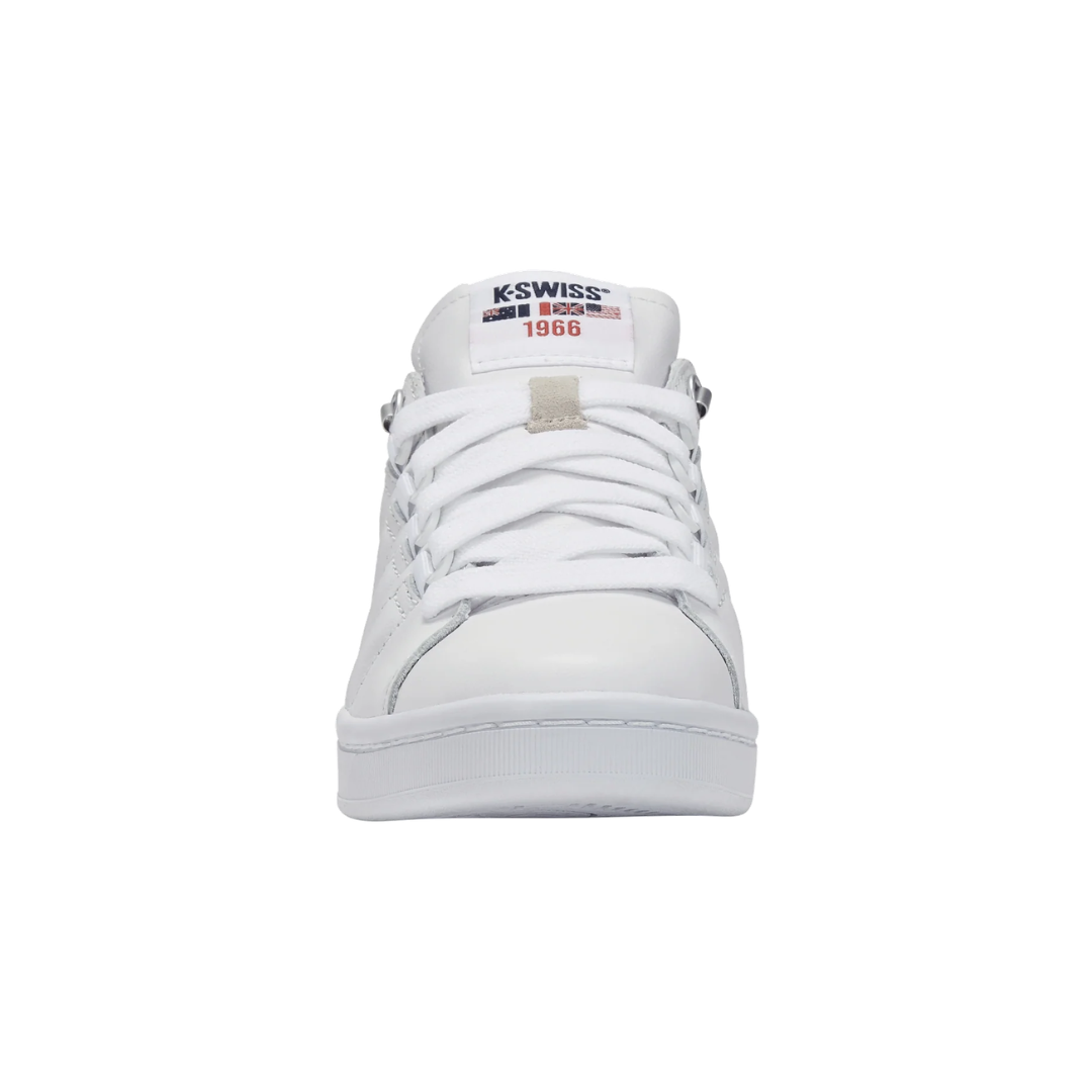 Front view of the K-Swiss Men's Lozan II in White showcasing the smooth leather upper, classic lace-up design, rounded toe, and clean court-inspired styling suited for casual outfits and daily activity.