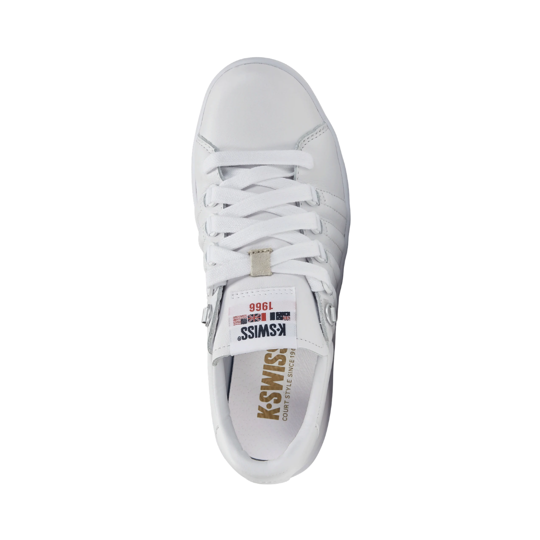 Top view of the K-Swiss Men's Lozan II in White displaying the premium leather upper, secure lacing system, padded tongue, and cushioned interior designed for comfortable all-day wear.